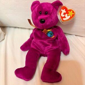Ty Fuchsia Plush Bear with Embroidered Globe